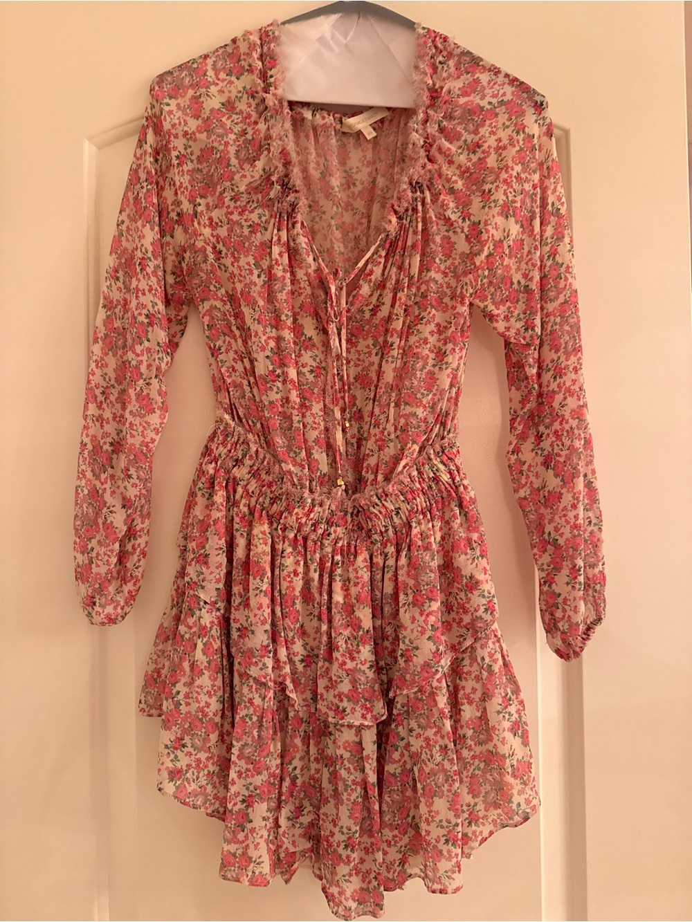 LoveShackFancy Pink Floral Long-Sleeve Ruffle Dress